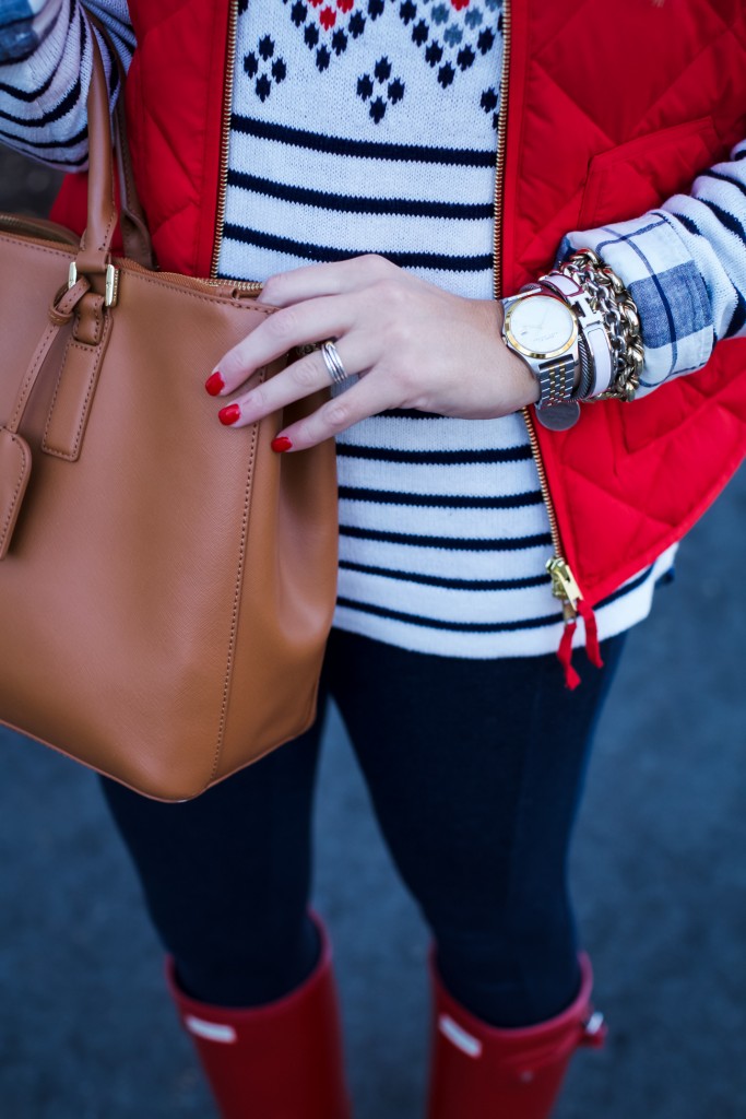 Jcrew Sweater with excursion Vest Gingham and Red Hunter Boots-9