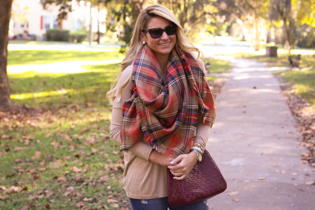 tory burch marion red agate handbag with the perfect plaid scarf nordstrom  prada sunglasses with dolce vita grayed boots_-5 - SHOP DANDY | A florida  based style and beauty blog by Danielle