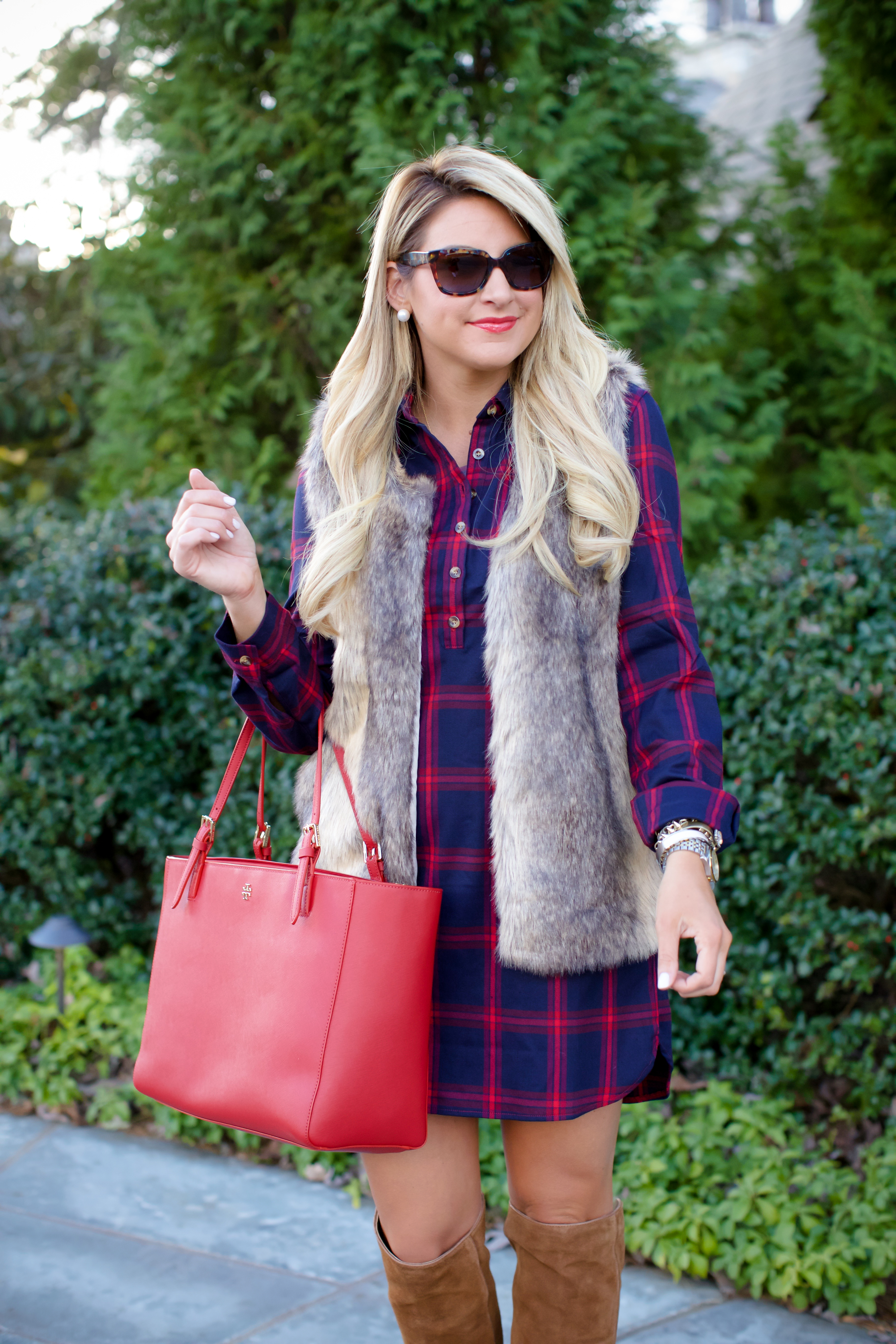 Tobi Plaid Check Dress with Tobi Fur Vest and OTK Boots Tory Burch Bag-10 -  SHOP DANDY | A florida based style and beauty blog by Danielle