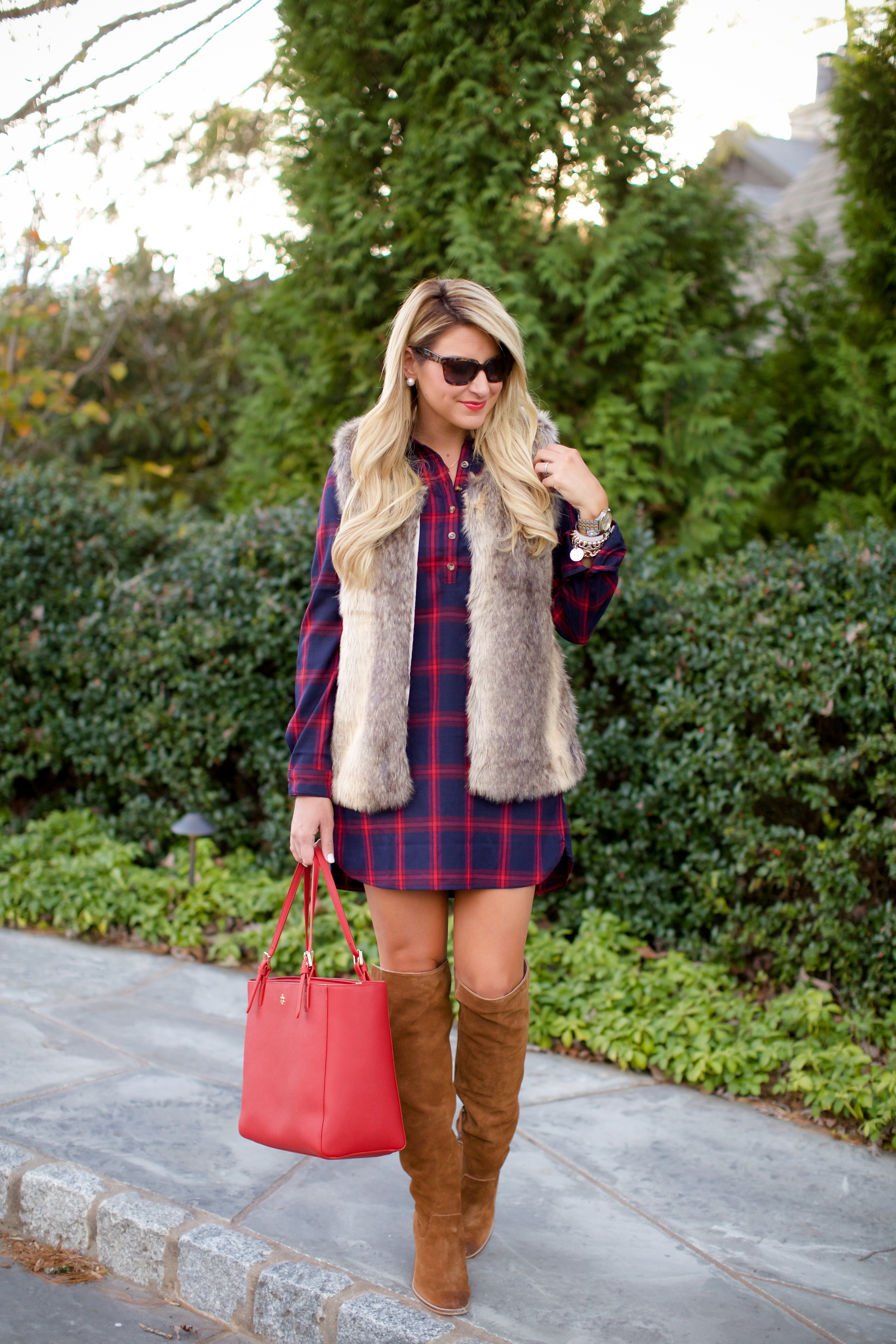 Tobi Plaid Check Dress with Tobi Fur Vest and OTK Boots Tory Burch Bag-6 -  SHOP DANDY | A florida based style and beauty blog by Danielle